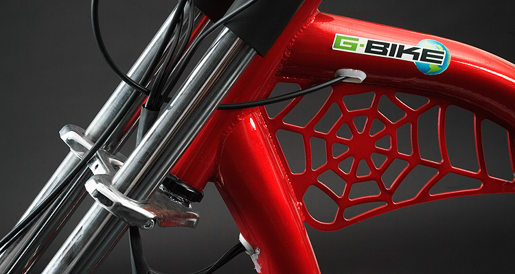 Frame detail of red electric chopper bike