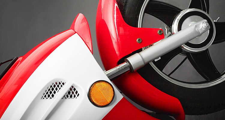 Detailed close ups of red electric bike
